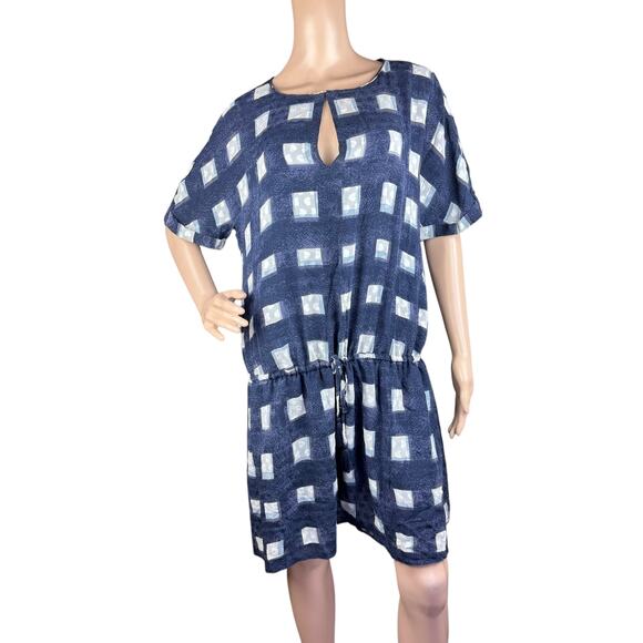 Tory Burch Erica Antibes Blue Poplin Square Silk Drop Waist Blouson Mini Dress L - Picture 9 of 11